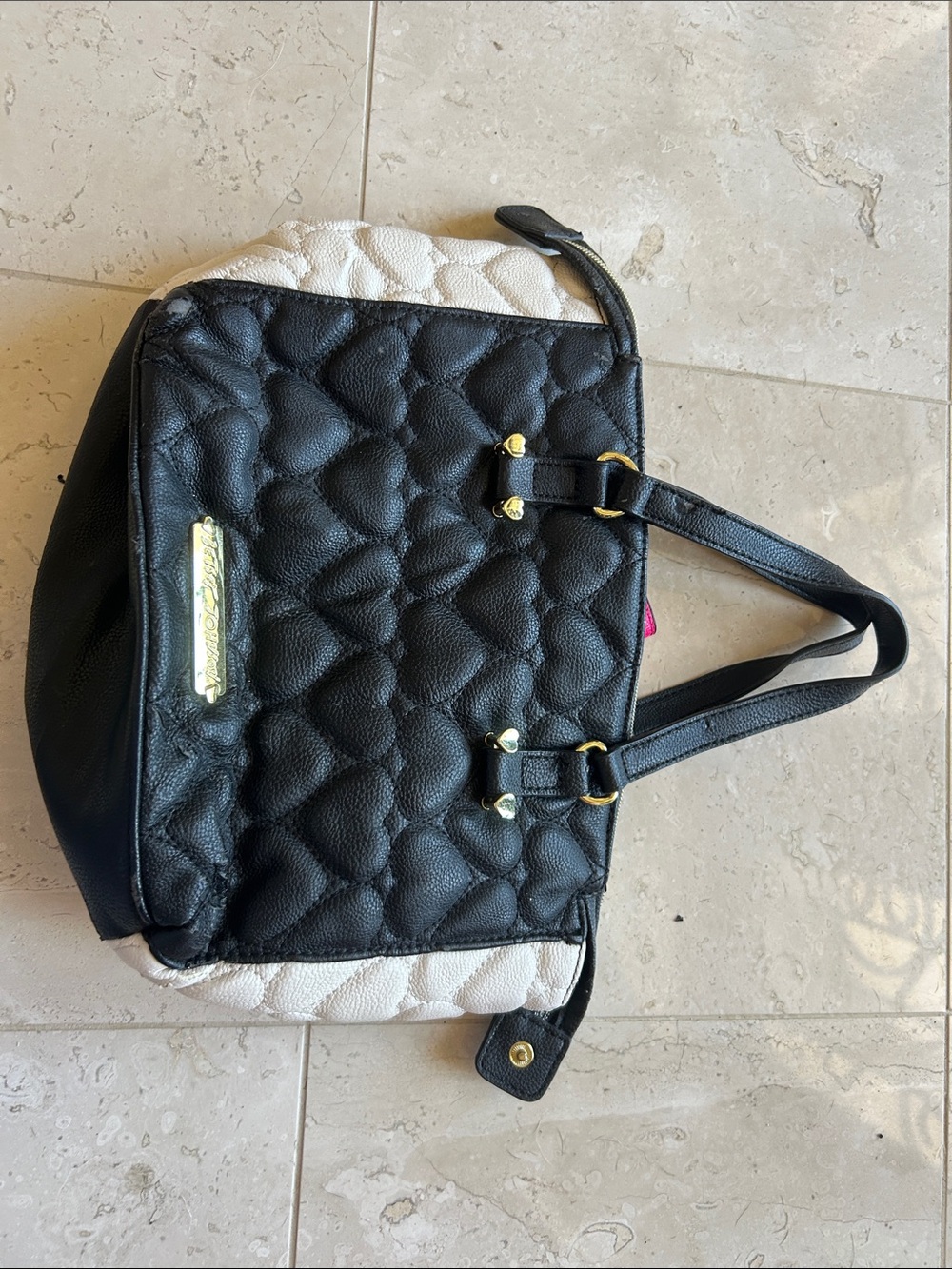 Betsey Johnson Black and Cream Quilted Heart Tote